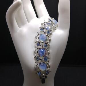 Vintage Faux Moonstone Blue Rhinestone Bracelet Rhodium Plated